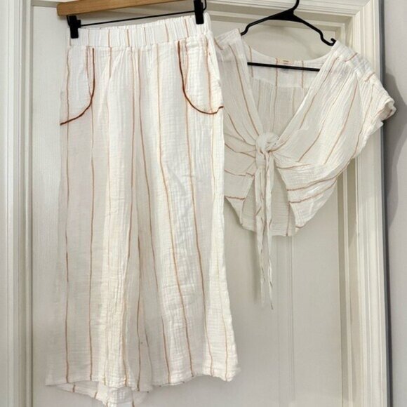 Eberjey Cover Up swim Set Tie Crop Top And Pants Size Small White Gauze Bohemian - Picture 1 of 4